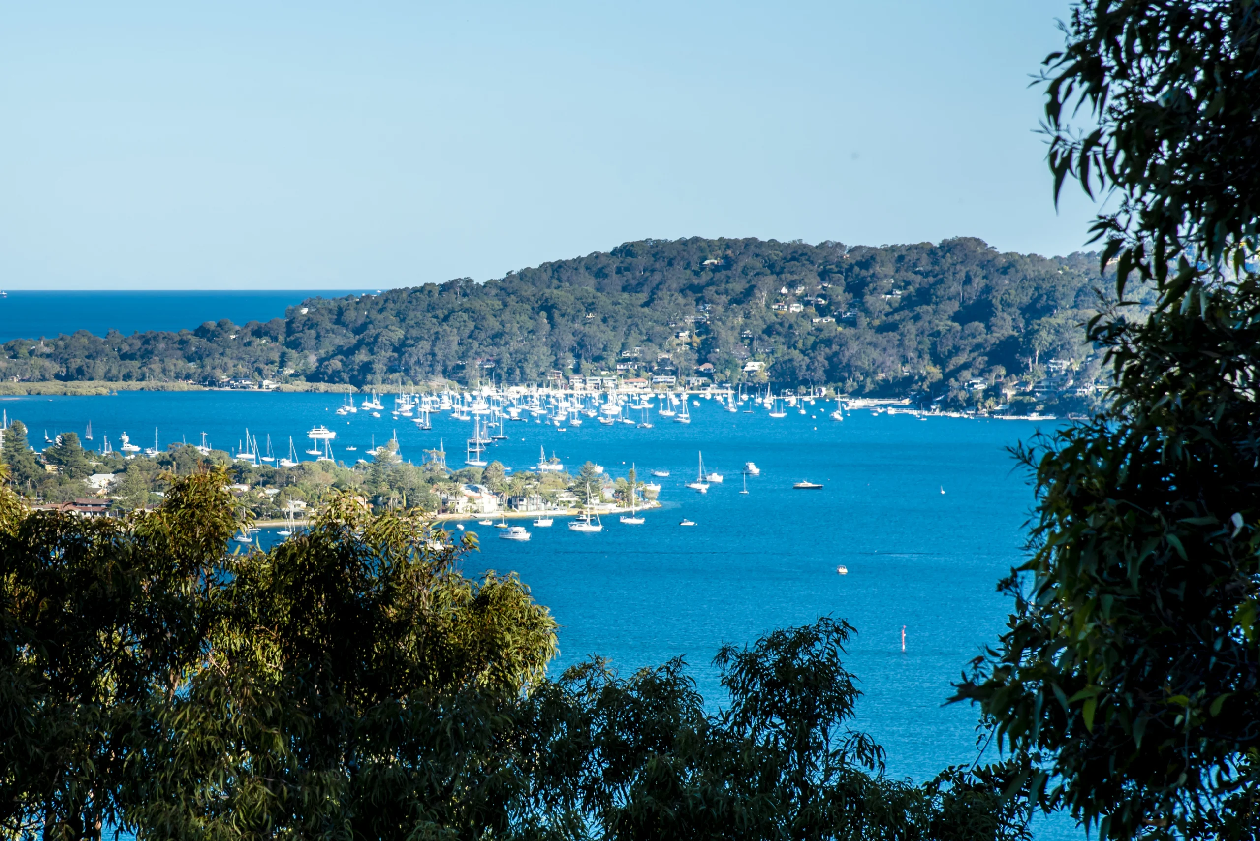 Panoramic daytime view from West Head Lookout to Pittwater, Australia. Scenic ocean panorama, sailing boats and yachts in Sydney Northern Beaches.