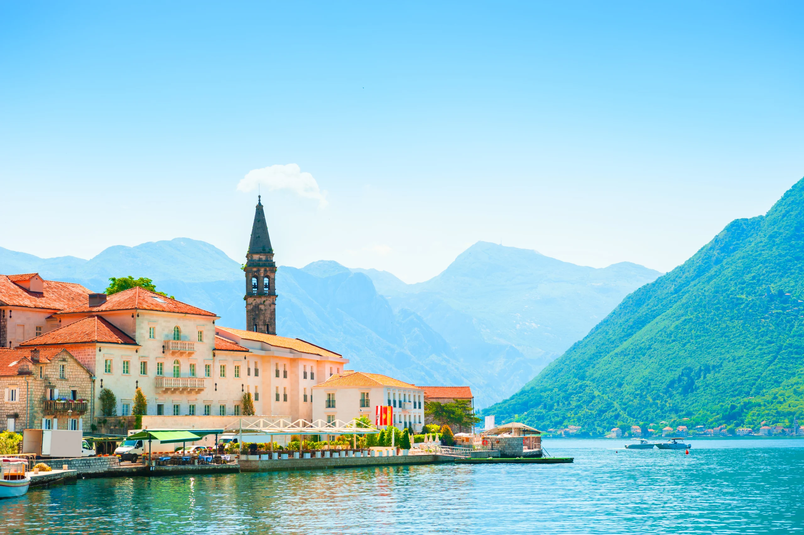 Beautiful view of Perast town in Kotor bay, Montenegro. Famous travel destination. Summer landscape