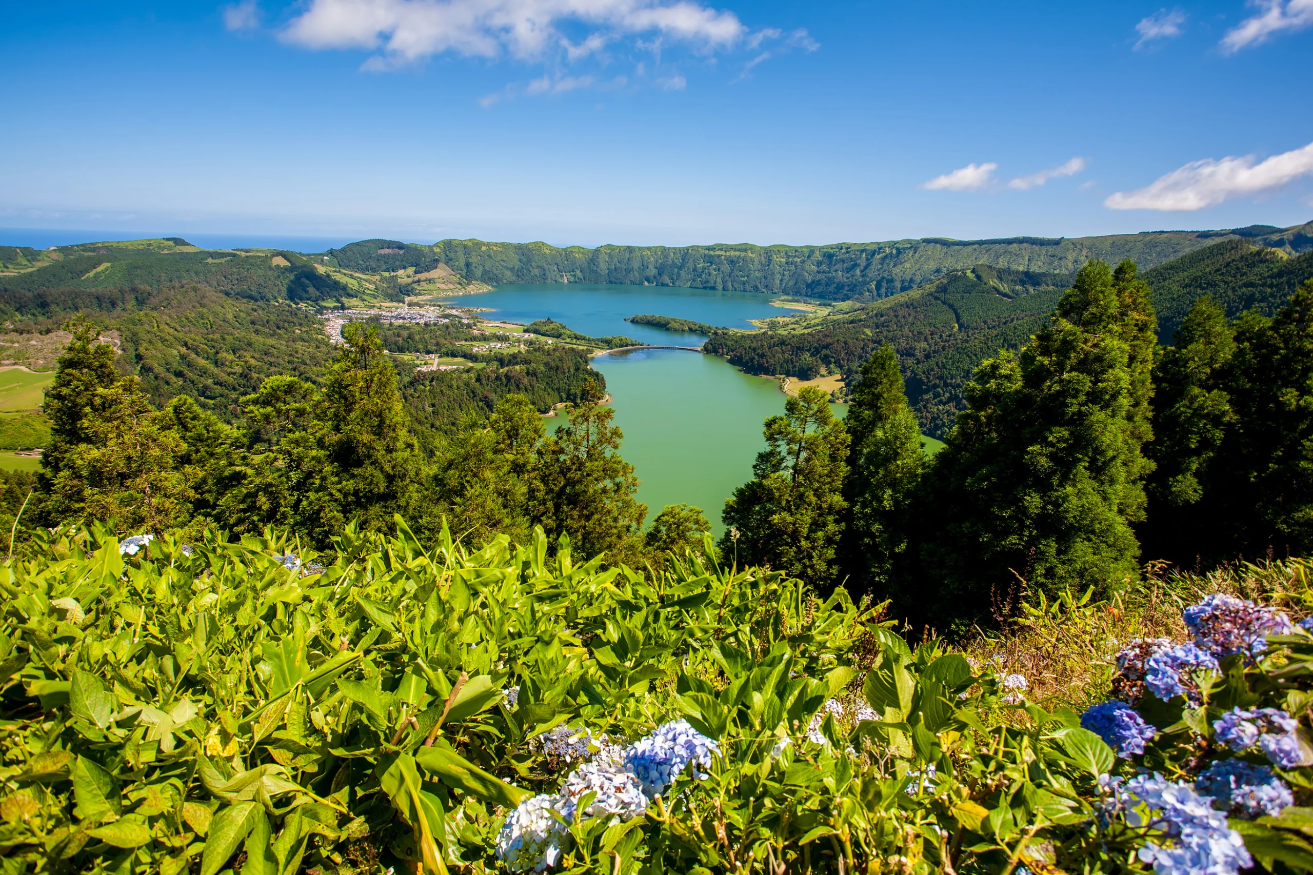 Azores viewpoint. Main Sete Cidades Lagoons (Green and Blue) seen from Vista do Rei viewpoint. Azores, San Miguel, Portugal