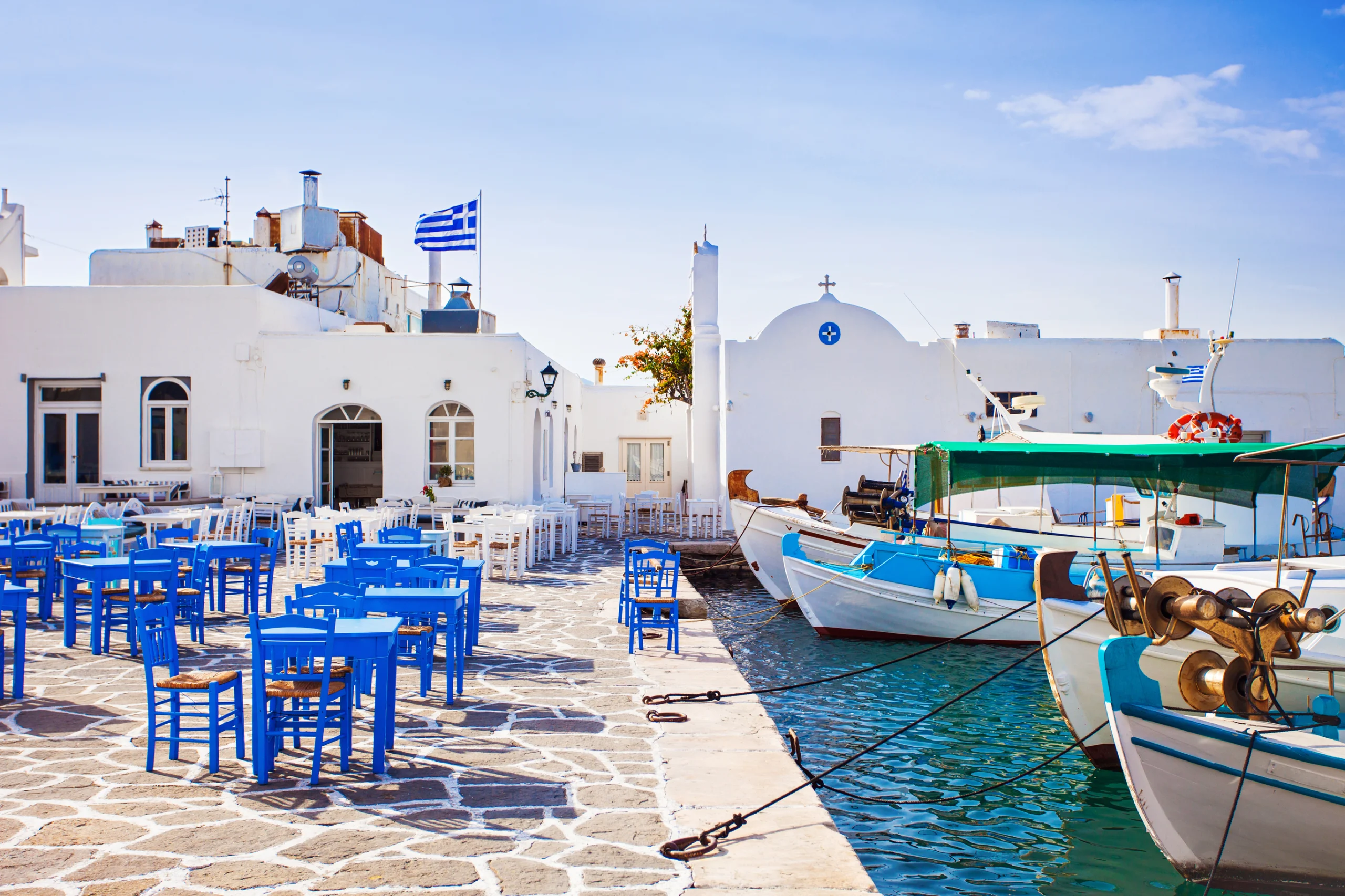 Typical Greek islands, village of Naousa, Paros island, Cyclades. Greek fishing village in Paros, Naousa, Greece
