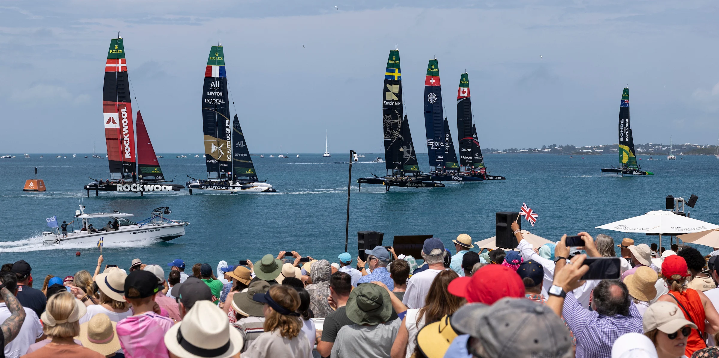 BONDS Flying Roos SailGP Team driven by Tom Slingsby leads the F50 catamaran fleet sail past the grandstand on Race Day 2 of the Apex Group Bermuda Sail Grand Prix in Bermuda. Sunday 10 May 2026. Rolex SailGP Championship Event 5 2026 Season. Photo: Katelyn Mulcahy for SailGP. Handout image supplied by SailGP