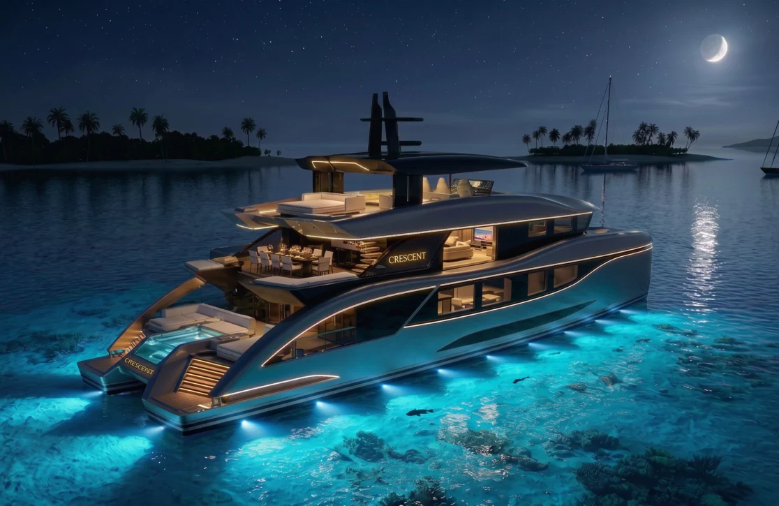 Meet The Catamaran That Packs A Full Beach Club And Six Suites Into 110’